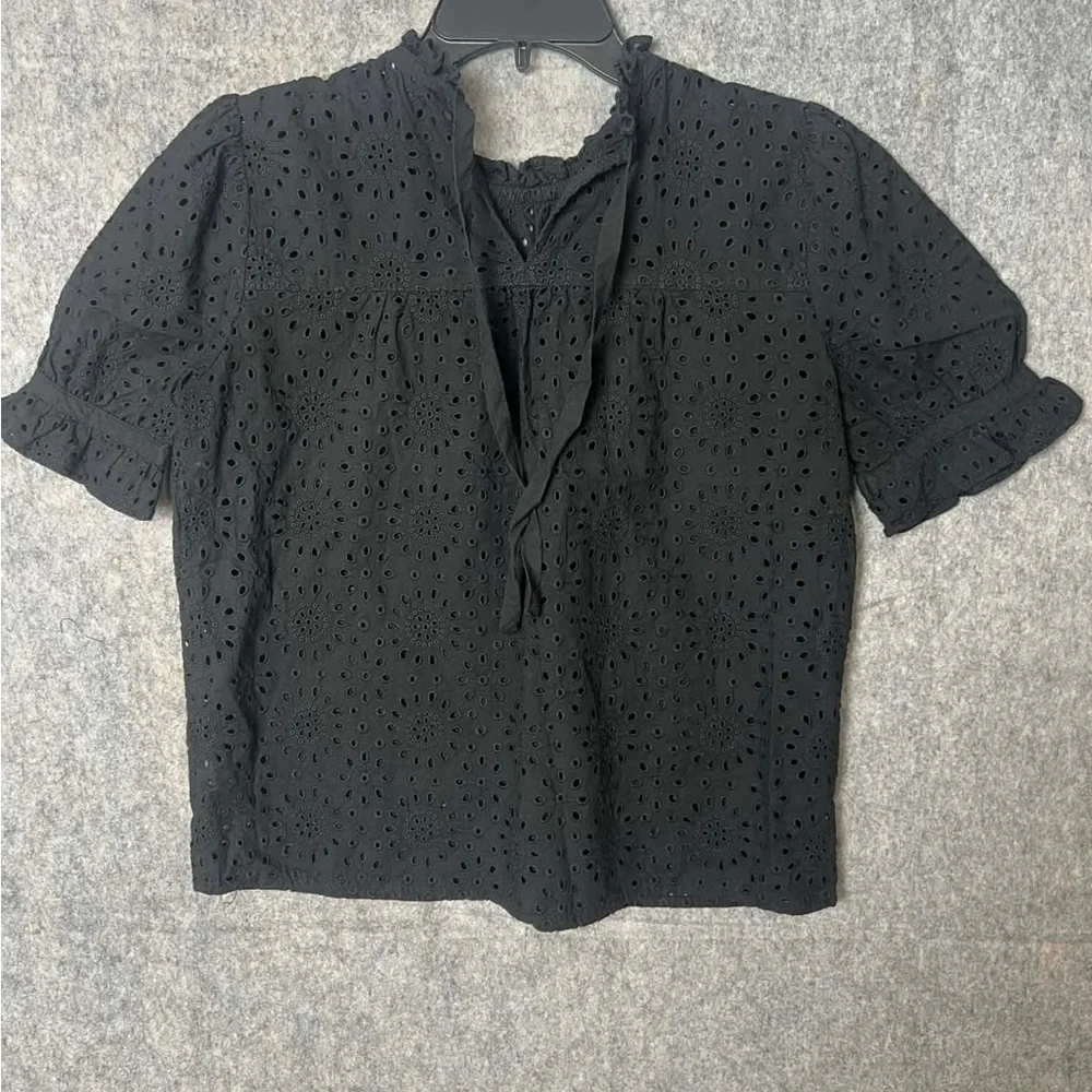 Madewell Small Black Embroidered Eyelet Ruffle-Neck‎ Keyhole Top